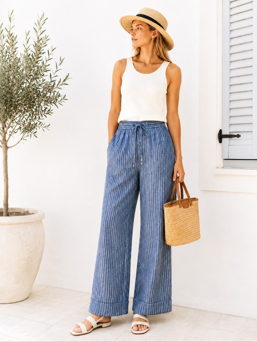 L.L. Bean 100% Linen Blue Stripe Wide Leg Pants | Drawstring Waist | Size 16